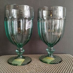 Set of 2 Libbey Duratuff Gibraltar Spanish Green  Glass Water Goblets.